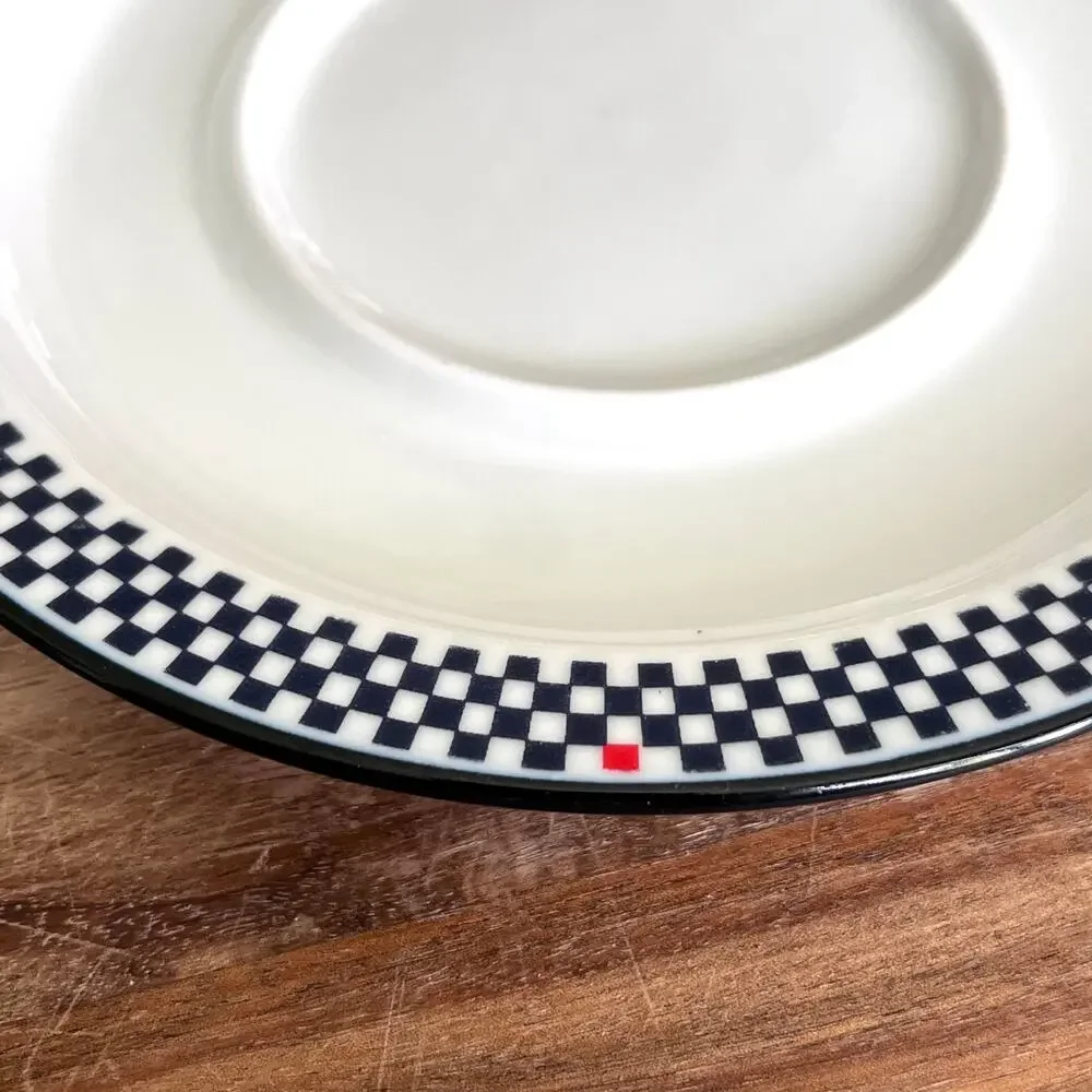 Set of 2 Vintage 90s Dansk Solvang Bistro Cups & Saucers Blue White Red Checks